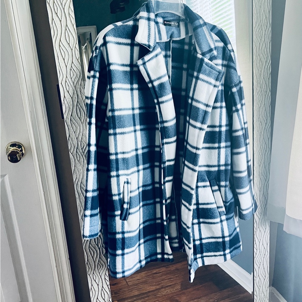 Blue and white plaid fleece blazer